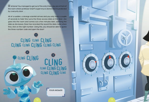 A cartoon robot demonstrates clever problem-solving skills, ready for "Escape Game Adventure: The Mad Hacker" by Schiffer Publishing, Ltd.