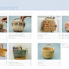 The contents page of Basketry Basics by Schiffer Publishing, Ltd. displays section titles and pages plus six photos of baskets—natural and colored, in-progress and finished—arranged on a light blue background.