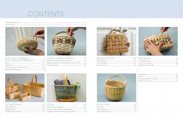 The contents page of Basketry Basics by Schiffer Publishing, Ltd. displays section titles and pages plus six photos of baskets—natural and colored, in-progress and finished—arranged on a light blue background.
