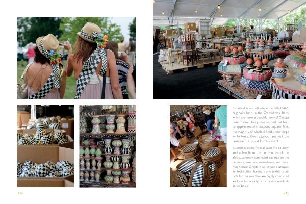 A two-page spread in Celebrating MacKenzie-Childs by Schiffer Publishing, Ltd. shows festival attendees in hats and sundresses, vibrant checkered pottery inspired by MacKenzie-Childs, and shelves of stacked ceramics under a large event tent.