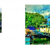 Two tugboats dock side by side on a calm river, with trees and construction nearby under a partly cloudy sky. Photographic effects enhance water reflections in a scene inspired by "Miami, Real and Imagined" from Schiffer Publishing, Ltd.