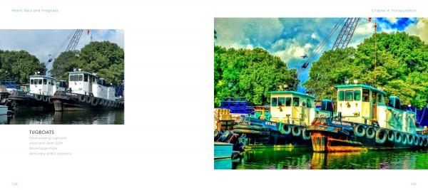 Two tugboats dock side by side on a calm river, with trees and construction nearby under a partly cloudy sky. Photographic effects enhance water reflections in a scene inspired by "Miami, Real and Imagined" from Schiffer Publishing, Ltd.