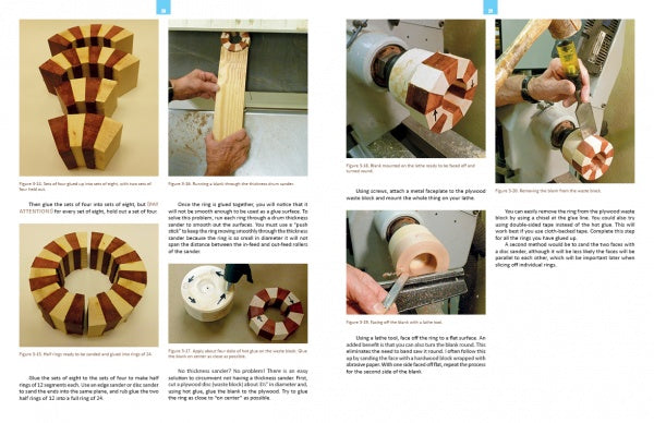 Turning Segmented Wooden Bangles on the Wood Lathe by Schiffer Publishing, Ltd. guides you step-by-step to glue wood segments into rings and shape them on a small lathe, with detailed photos illustrating the assembly, gluing, sanding, and turning process.