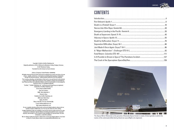 On the right, "Disasters in Space" by Schiffer Publishing, Ltd. features a table of contents on American and Soviet space missions, and at the bottom right is a photo of a reflective black cube outside Kennedy Space Center.