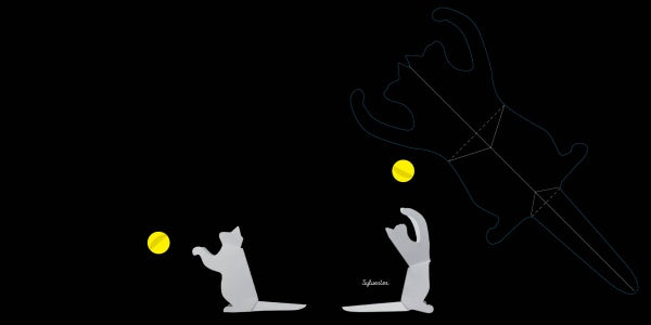 Two gray, playful kitties from the "Cats" by Schiffer Publishing, Ltd. reach for yellow balls on a black background, while the shadow of a large, origami-like cat stretches upward as if joining in the fun.