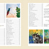 The table of contents from Inspired by Endangered Species (Schiffer Publishing, Ltd.) displays chapters on conservation, colorful illustrations of a hummingbird, cactus, jaguar, and lizard, plus section titles and page numbers.