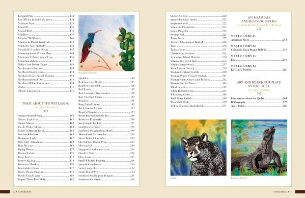 The table of contents from Inspired by Endangered Species (Schiffer Publishing, Ltd.) displays chapters on conservation, colorful illustrations of a hummingbird, cactus, jaguar, and lizard, plus section titles and page numbers.
