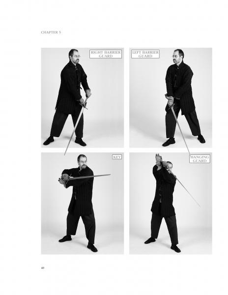 Four black-and-white photos from "Sword Fighting" by Schiffer Publishing, Ltd. show a man in dark clothing demonstrating single-handed sword stances: Right Barrier Guard, Left Barrier Guard, Key, and Hanging Guard, inspired by a medieval manual.