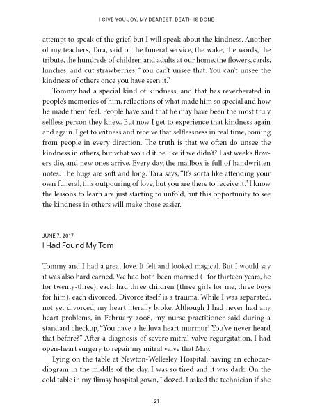 A page from "In Bohemia" by Schiffer Publishing, Ltd. covers grief, kindness, and memories of teacher Tara; it includes the journal entry "I Had Found My Tom," reflecting on Tommy's heart and legacy. Page 21, Wellesley, Massachusetts.