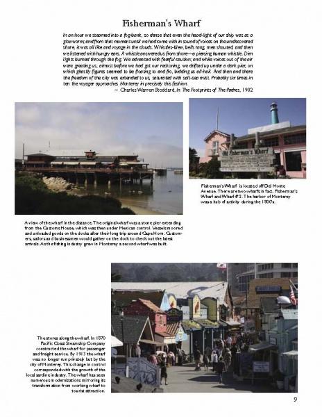 A page from "Historic Monterey" by Schiffer Publishing, Ltd. features three color photos—distant view, entrance sign, and bustling walkway—plus text on Monterey’s history and Fishermans Wharf’s 1800s origins.