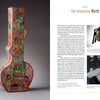 On the left, Intersection—a colorful upright guitar case reflecting contemporary art—stands out. On the right, Schiffer Publishing, Ltd.’s book spread features text, a coiled object on a stand, and a black-and-white portrait of a man.