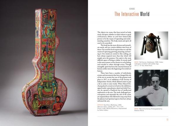 On the left, Intersection—a colorful upright guitar case reflecting contemporary art—stands out. On the right, Schiffer Publishing, Ltd.’s book spread features text, a coiled object on a stand, and a black-and-white portrait of a man.