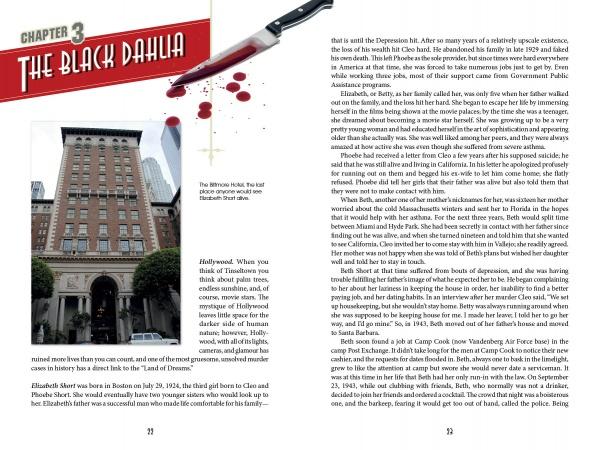 The top of two pages in Hollywood Obscura (Schiffer Publishing, Ltd.) features The Black Dahlia title and a bloody knife. The left page shows a photo of the historic Biltmore Hotel, famed for Hollywood murders and haunted legends.