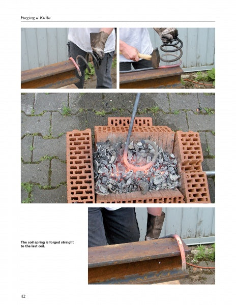 Three photos from "Basic Knife Making" by Schiffer Publishing, Ltd. show a person straightening a heated coil spring on an anvil; the glowing metal is being prepared using tools, a common step in bladesmithing and knifemaking.