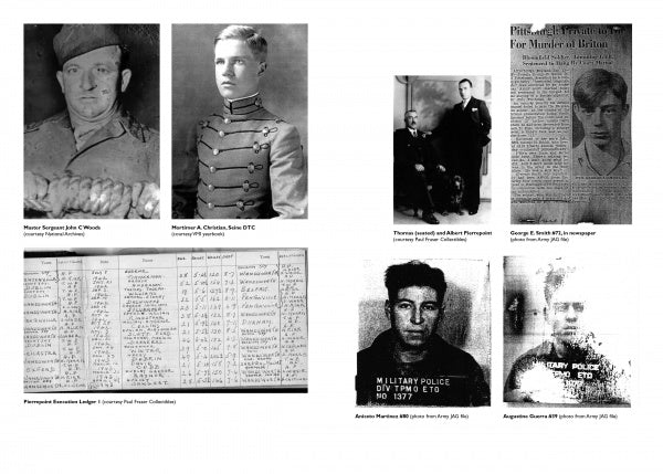 A collage for "The Fifth Field" by Schiffer Publishing, Ltd. displays black-and-white military portraits, a newspaper clipping, a police log, and mugshots from Plot E's Fifth Field—all labeled with names and sources in a grid on white.