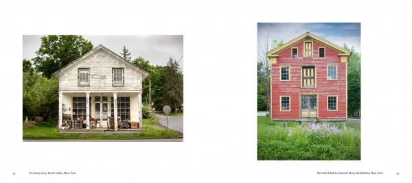 The book "Backroads Buildings" by Schiffer Publishing, Ltd. features photos of rural American architecture, like a weathered white house with antiques and a red building with tall windows, showcasing the heritage of forgotten structures.