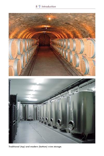 Top: Designing Wine Cellars by Schiffer Publishing, Ltd. features wooden barrels in classic stone cellars, while the bottom showcases modern wine storage with stainless steel tanks in a well-lit facility.