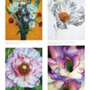 Flowers in Art by Schiffer Publishing, Ltd. displays four botanical artworks: a bright bouquet on orange, pencil-drawn white poppy, pink-purple poppy close-up, and multicolored iris—each labeled with artist and medium.