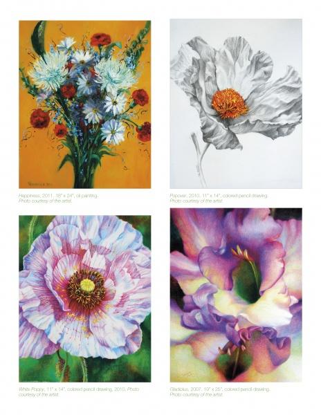 Flowers in Art by Schiffer Publishing, Ltd. displays four botanical artworks: a bright bouquet on orange, pencil-drawn white poppy, pink-purple poppy close-up, and multicolored iris—each labeled with artist and medium.
