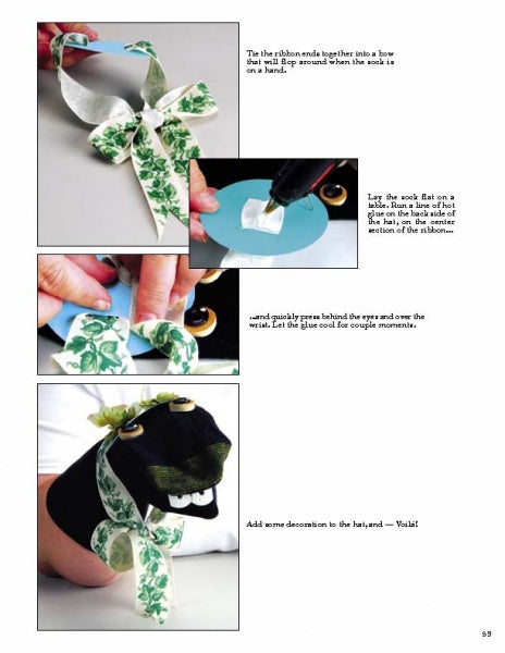 Three images show steps from Schiffer Publishing, Ltd.'s "Gourd Puppets and Dolls": tying a ribbon bow, gluing it on, and the finished black sock puppet with button eyes and felt teeth—perfect inspiration for DIY gourd creations.