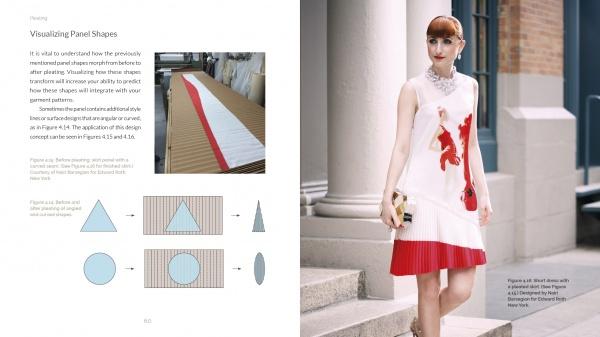 A book spread from "Pleating" by Schiffer Publishing, Ltd. features fabric pleating diagrams and panels on the left, while on the right, a woman in a white dress with red accents and a lion motif stands outside a building.