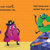 In Schiffer Publishing, Ltd.'s "C Jumped over Three Pots and a Pan and Landed Smack in the Garbage Can!", colorful letters B, A, and C have a kitchen adventure as C leaps onto a table with food as a cat lounges on the cheerful windowsill.