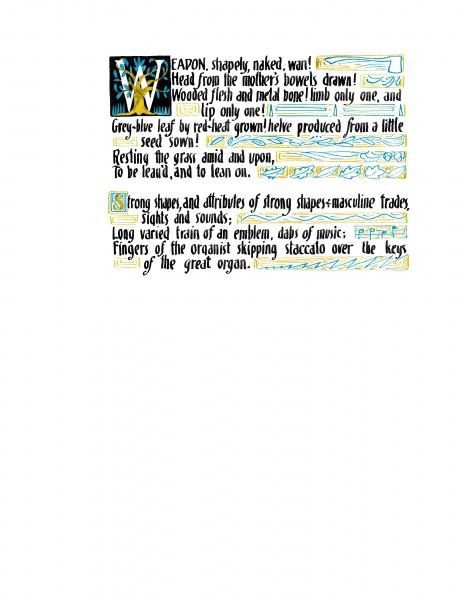 Wharton Esherick's Illuminated & Illustrated Song of the Broad-Axe by Schiffer Publishing, Ltd. features colorful, woodcut-style poem text with yellow, blue, and grey accents, evoking nature and music with references to leaves, seeds, and an organist’s fingers.