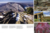 A collage for "The Poconos" by Schiffer Publishing, Ltd. features scenic photography of snowy mountain views, rocky cliffs, the Delaware Water Gap visitor center, and a red building amid blooming pink spring trees.