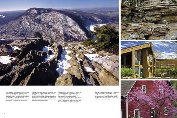 A collage for "The Poconos" by Schiffer Publishing, Ltd. features scenic photography of snowy mountain views, rocky cliffs, the Delaware Water Gap visitor center, and a red building amid blooming pink spring trees.