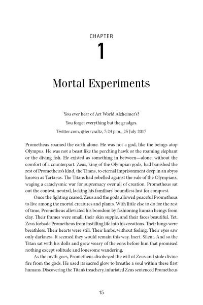 Page 15 of Schiffer Publishing, Ltd.’s "Bad Blood" opens with a quote on holding grudges, then recounts the myth of Prometheus, gods, and humankind, drawing parallels to artistic rivalries in the art world.