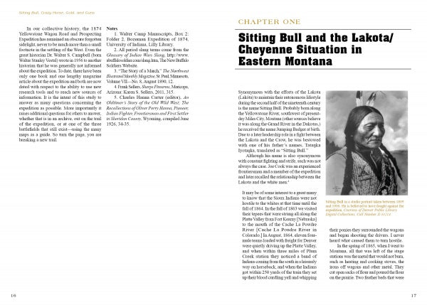 A spread from "Sitting Bull, Crazy Horse, Gold and Guns" by Schiffer Publishing, Ltd. shows the chapter on Sitting Bull and the Lakota/Cheyenne in Eastern Montana with text on both pages and a black-and-white photo of Sitting Bull on the right.