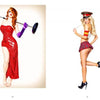 Two women embody Alvarado’s All-American Girls by Schiffer Publishing, Ltd.: one stuns in a red sequin dress with purple gloves, the other poses in a military hat and red plaid mini skirt, both channeling modern pinup style on white backgrounds.