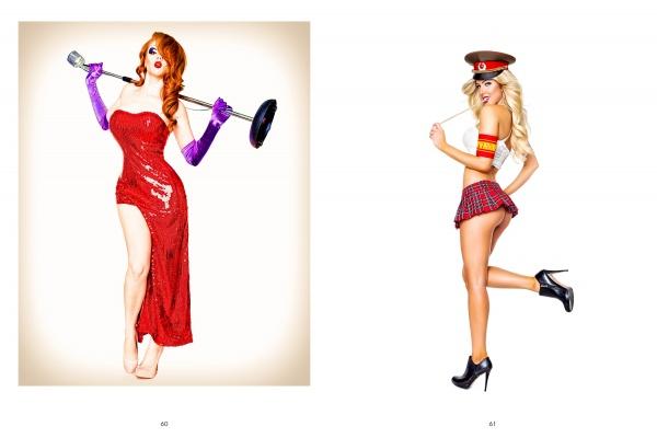 Two women embody Alvarado’s All-American Girls by Schiffer Publishing, Ltd.: one stuns in a red sequin dress with purple gloves, the other poses in a military hat and red plaid mini skirt, both channeling modern pinup style on white backgrounds.
