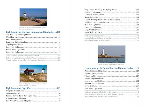 A two-page book spread in "Lighthouses and Coastal Attractions of Southern New England" by Schiffer Publishing, Ltd. features a table of contents with photos of Brant Point and Bird Island lighthouses next to chapter headings and page numbers.