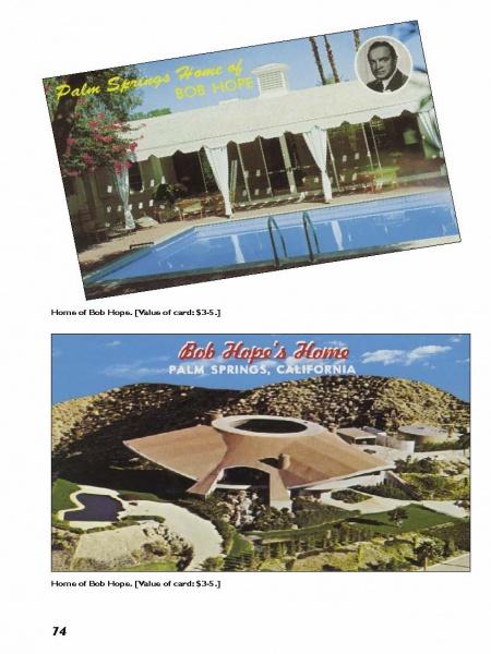 More Hollywood Homes" by Schiffer Publishing, Ltd.: Set of two vintage postcards—one featuring a palm-lined poolside with Bob Hope’s portrait, the other a modern hillside home—showcasing iconic movie star residences in Palm Springs, California.