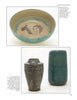 A catalog page displays pieces from "Alternative American Ceramics, 1870-1955" by Schiffer Publishing, Ltd., featuring a portrait bowl, a dark ornate vase, and a tall teal vase with linework, each shown with descriptive text.