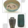A catalog page displays pieces from "Alternative American Ceramics, 1870-1955" by Schiffer Publishing, Ltd., featuring a portrait bowl, a dark ornate vase, and a tall teal vase with linework, each shown with descriptive text.