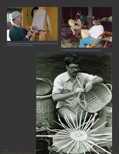 Three images from "Living Crafts, Historic Tools" by Schiffer Publishing, Ltd. show basket makers shaping baskets with hand tools, weaving outdoors in a group, and crafting large baskets surrounded by finished pieces and materials.