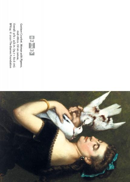 Birds in the Barnes Foundation" by Schiffer Publishing, Ltd. shows a woman in a black dress and blue ribbon reclining with two white doves near her face, set against a dark background. The image is rotated 90 degrees clockwise.