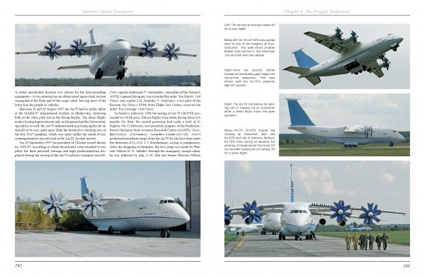 Two pages from Antonov’s Heavy Transports by Schiffer Publishing, Ltd. feature multiple photos of an Antonov heavy transport plane with eight blue-tipped propellers, shown from various angles both on the ground and in flight, plus descriptive text.