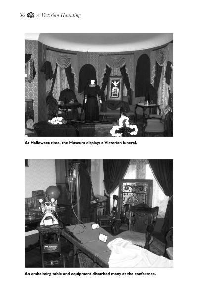 Two black-and-white photos from "Ghosts of Southeast Michigan" by Schiffer Publishing, Ltd.: a Victorian-era funeral museum display, and a room with embalming table and vintage gear ideal for paranormal or Southeast Michigan ghost story fans.