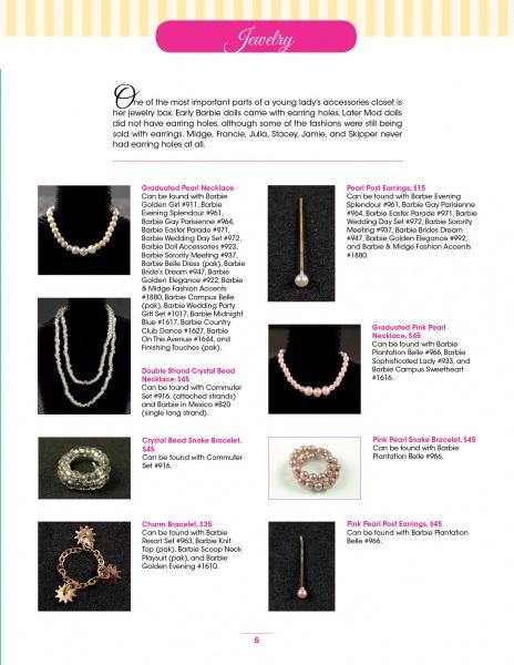 A catalog page for Schiffer Publishing's "It's All About the Accessories for the World's Most Fashionable Dolls, 1959-1972," featuring images and details of Barbie jewelry—ideal for collectors or for use with a Barbie identification guide.
