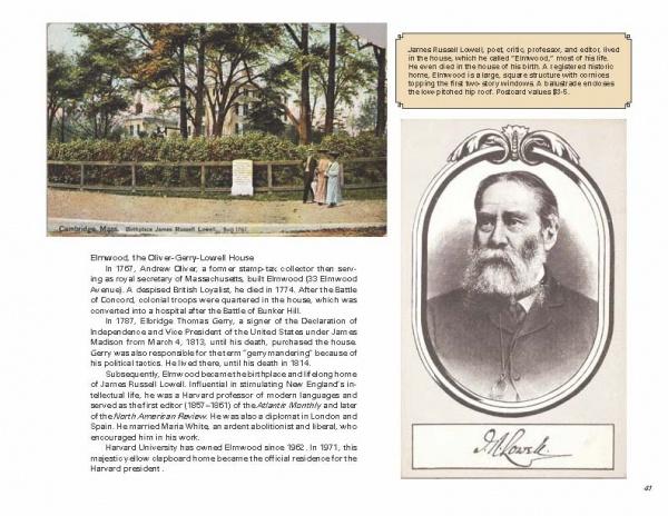 A page from Schiffer Publishing, Ltd.’s "Cambridge, Massachusetts" shows a vintage photo of Elmwood House near Harvard Square, two people by a fence, a portrait of James Russell Lowell, and text on Lowell and Elmwood House’s history.