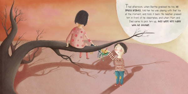 A girl in a pink dress sits on a branch while a boy below hands her a striped toy. Warm sky glows above—an ideal scene for "The Magic in a Smile" by Schiffer Publishing, Ltd., with story text in speech bubbles nearby.