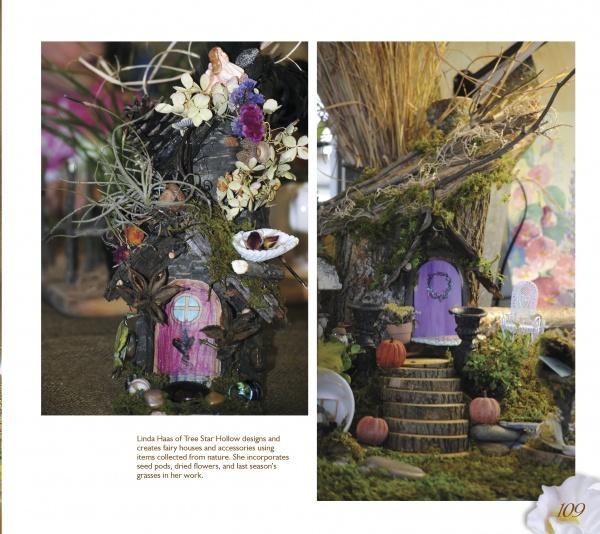 The Fairy Homes and Gardens set by Schiffer Publishing, Ltd. features two fairy houses with purple doors, decorated with dried flowers, moss, twigs, pumpkins, shells, and a fairy figurine, perfect for creating an enchanted, nature-inspired display.