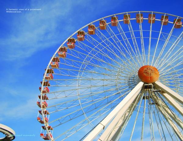 The cover of "Wildwood Moments" from Schiffer Publishing, Ltd. features a large Ferris wheel with red gondolas soaring above the boardwalk against a vivid blue sky, creating a vibrant and striking scene.