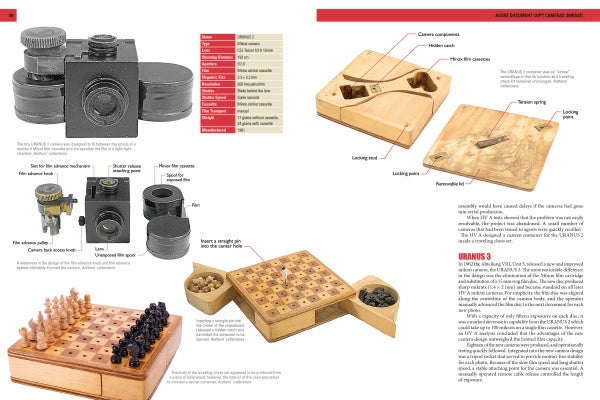 A magazine spread features “The Secret History of STASI Spy Cameras” by Schiffer Publishing, Ltd., showcasing vintage Cold War cameras, hidden chess sets, and wooden boxes used for espionage and concealment.