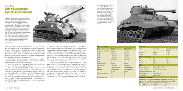 Sherman Tank, Vol. 3 by Schiffer Publishing, Ltd. features two black-and-white WWII M4A2 Sherman tank photos, detailed views of their cannons and suspensions, plus pages with specs and variant comparisons.