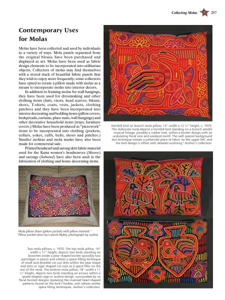 A magazine page, Contemporary Uses for Molas, highlights colorful Kuna textile art from The Mola by Schiffer Publishing, Ltd., featuring three pillows with intricate red, yellow, and pink designs and text on their uses and history.