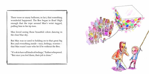 A group gathers around a large box covered in colorful balloons. A man kneels to comfort a child holding a rope tied to the box. "Max’s Box" by Schiffer Publishing, Ltd. explores Max’s emotions and supports children's mental health.